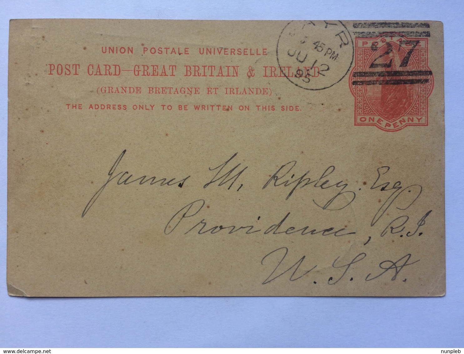 GB Victoria 1895 Postcard Ayr Scotland Duplex To Providence USA Including New York Transit Mark - Briefe U. Dokumente