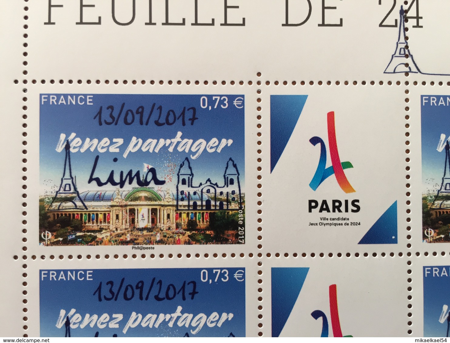 Feuille Paris Jeux Olympiques 2024 "Venez Partager" - Surchargé 13/09/2017 Lima  - Datée Du 11.04.17 - NON PLIEE ** - Feuilles Complètes