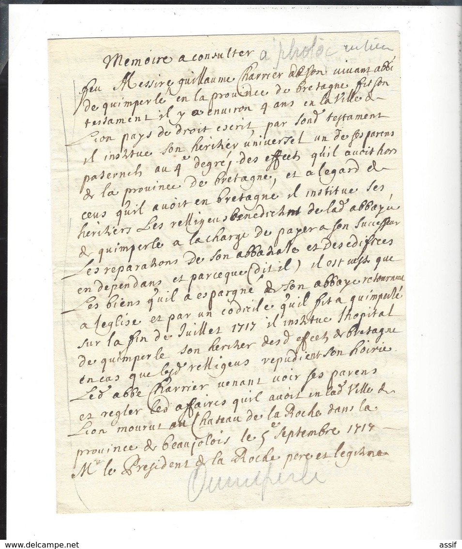 Quimperlé  Abbaye Sainte-Croix  Papiers Lettres Suite Au Décès De Guillaume Charrier ( 1668-1717 )  Linéaire Lyon 1726 - Ohne Zuordnung