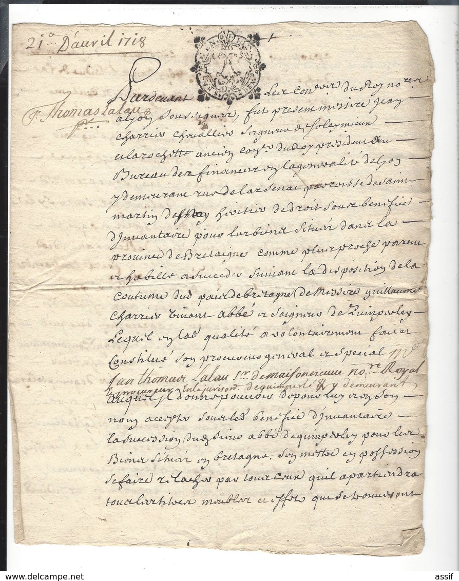 Quimperlé  Abbaye Sainte-Croix  Papiers Lettres Suite Au Décès De Guillaume Charrier ( 1668-1717 )  Linéaire Lyon 1726 - Sin Clasificación