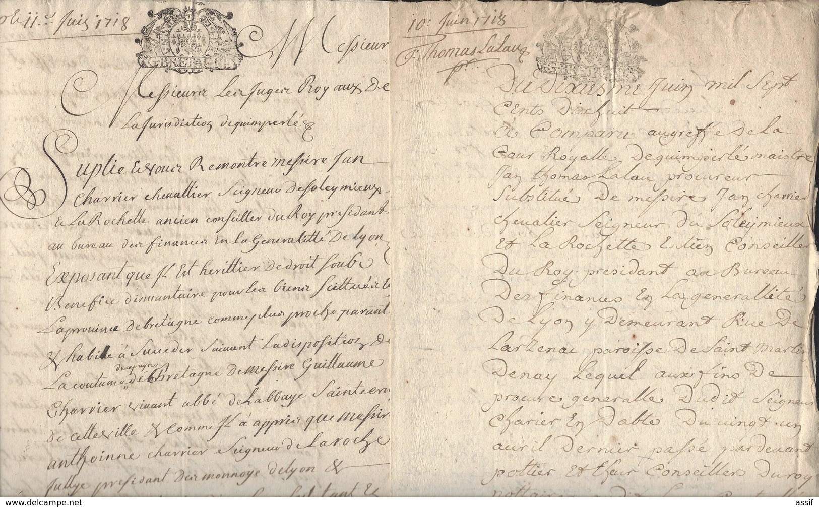 Quimperlé  Abbaye Sainte-Croix  papiers lettres suite au décès de Guillaume Charrier ( 1668-1717 )  linéaire Lyon 1726