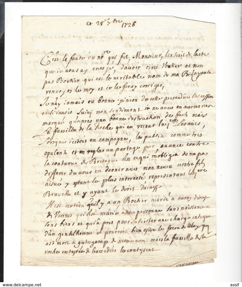 Quimperlé  Abbaye Sainte-Croix  papiers lettres suite au décès de Guillaume Charrier ( 1668-1717 )  linéaire Lyon 1726