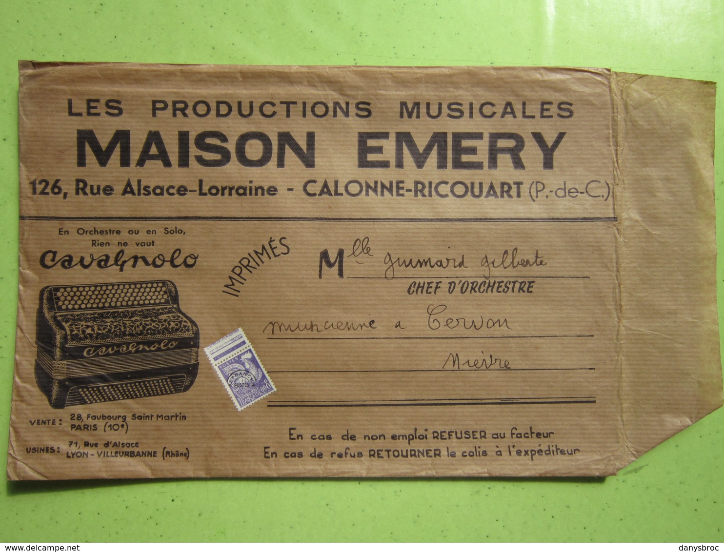 Enveloppe Publicitaire Productions Musicales MAISON EMERY à CALONNE-RICOUART (62) Timbre Préoblitéré Type Coq 008 - Publicidad