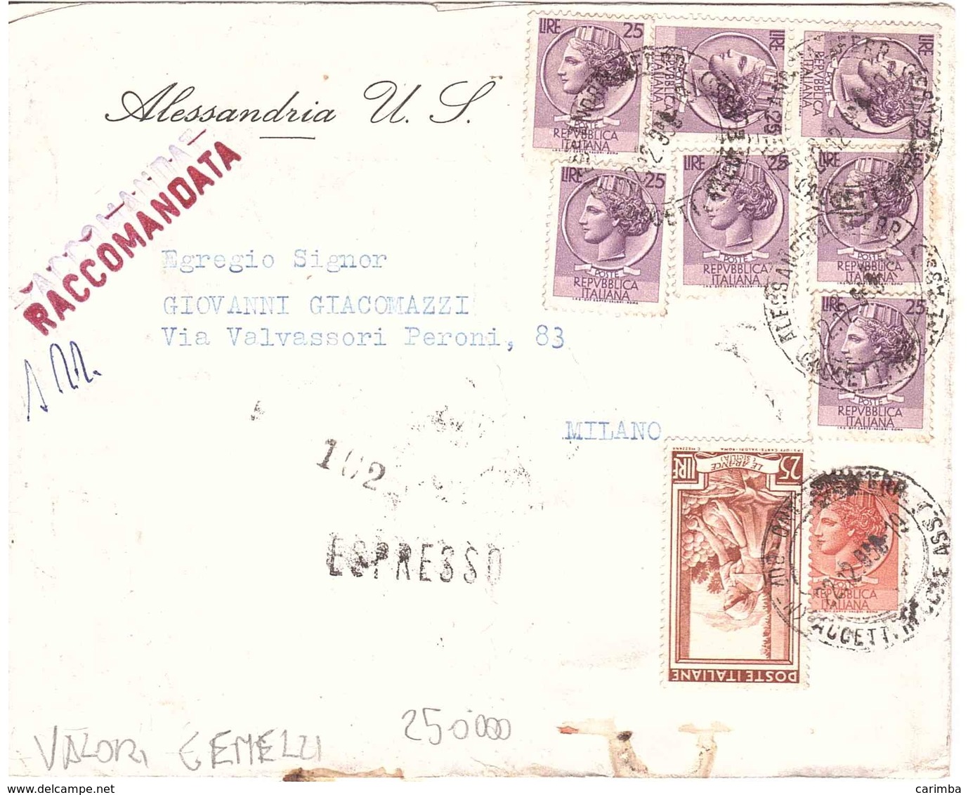 RACCOMANDATA ESPRESSO £25 VALORI GEMELLI - 1946-60: Storia Postale