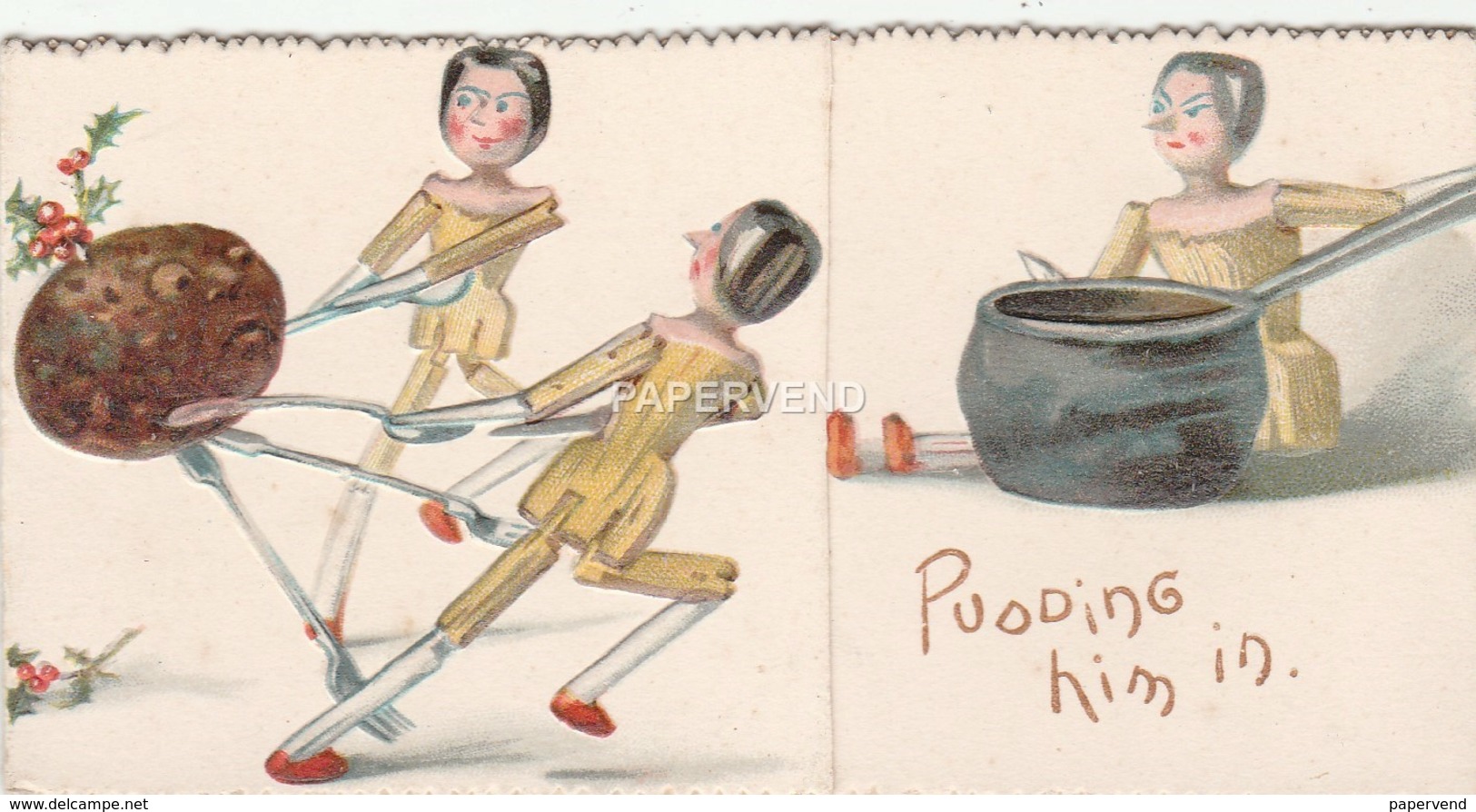 Greeting Card Peg Dolls Pulling A Pudding Towards A Pot Opens Stands  Egc590 - Non Classificati