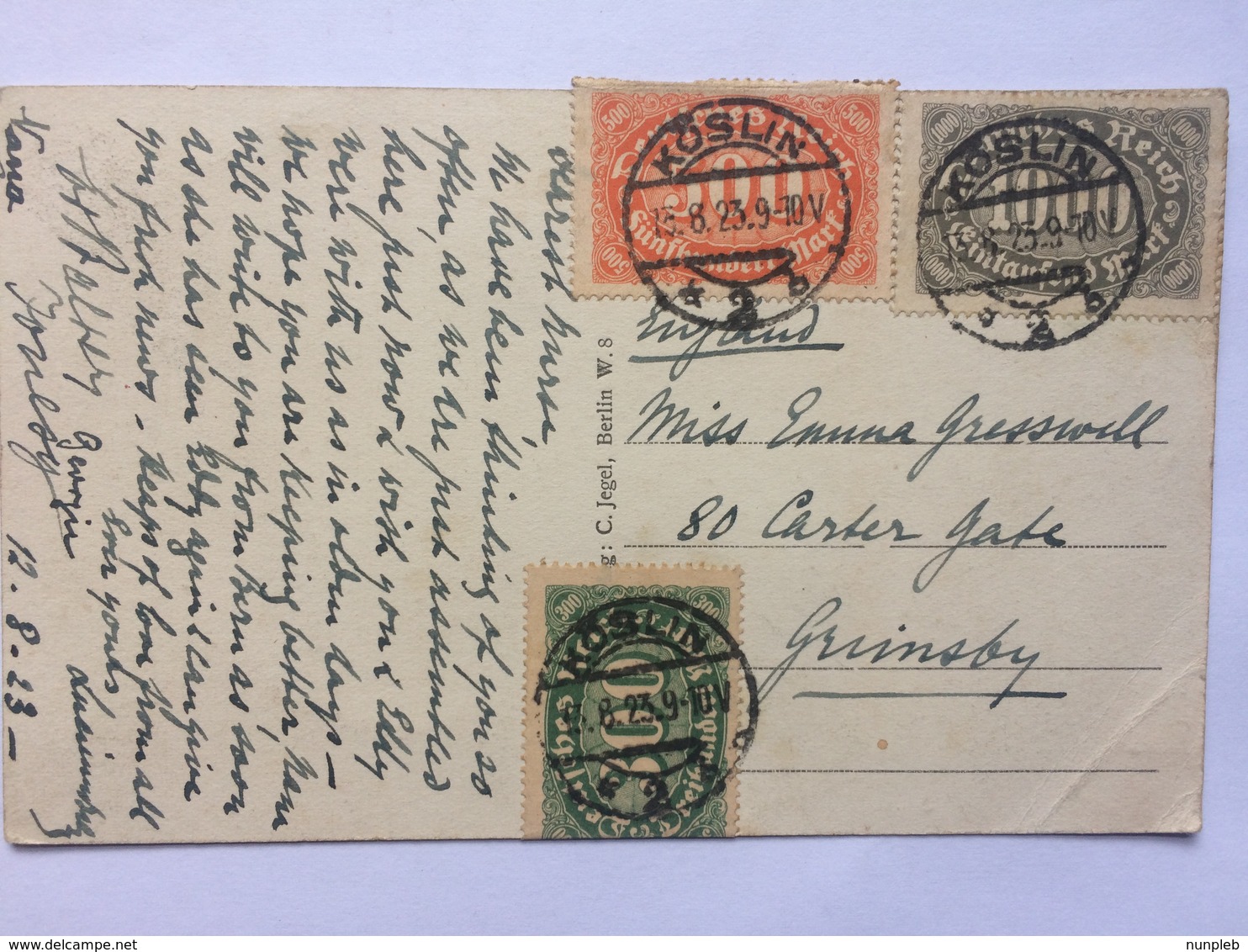 GERMANY 1923 Inflation Postcard Koslin To Grimsby England - Cartas & Documentos