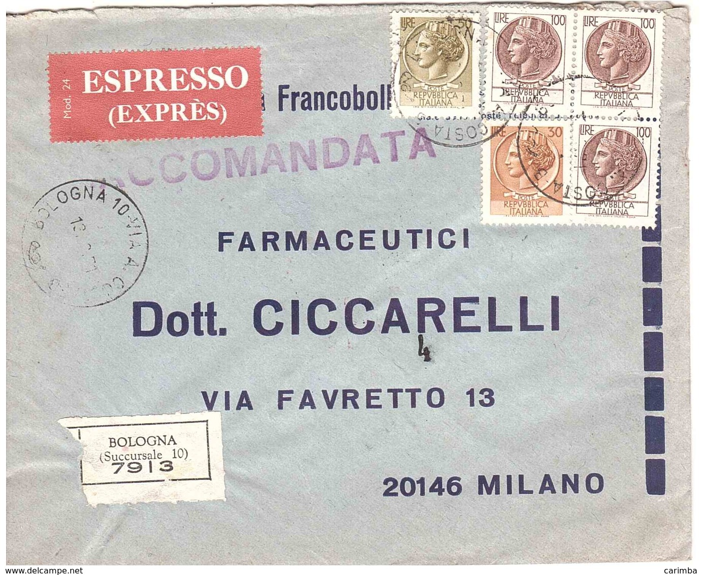 RACCOMANDATA ESPRESSO BOLOGNA 10 VIA A. COSTA - 1971-80: Storia Postale