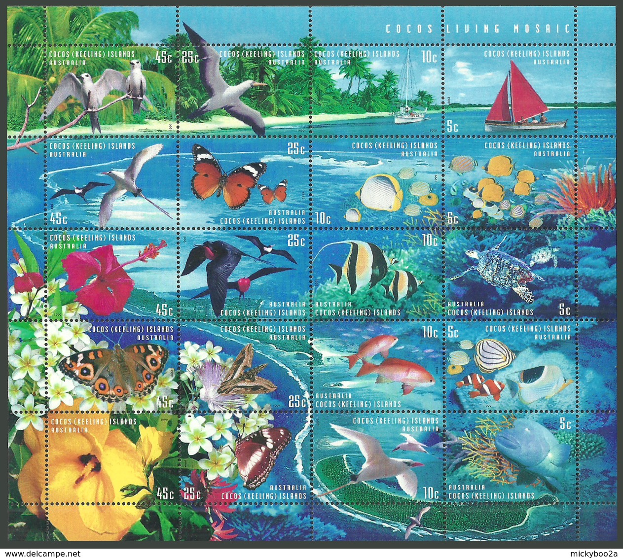 COCOS KEELING 1999 MARINE LIFE FISH TURTLES BIRDS BUTTERFLIES CORALS BOATS MNH - Cocoseilanden