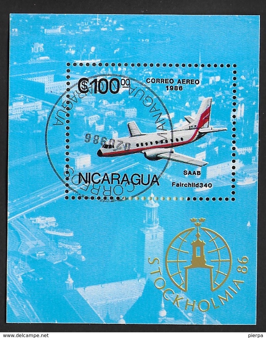 NICARAGUA - 1986 - STOCKHOLMIA '86 - AEREO SAAB FAIRCHILD 340 - FOGLIETTO USATO (YVERT BF 177 - MICHEL BL 168) - Aerei
