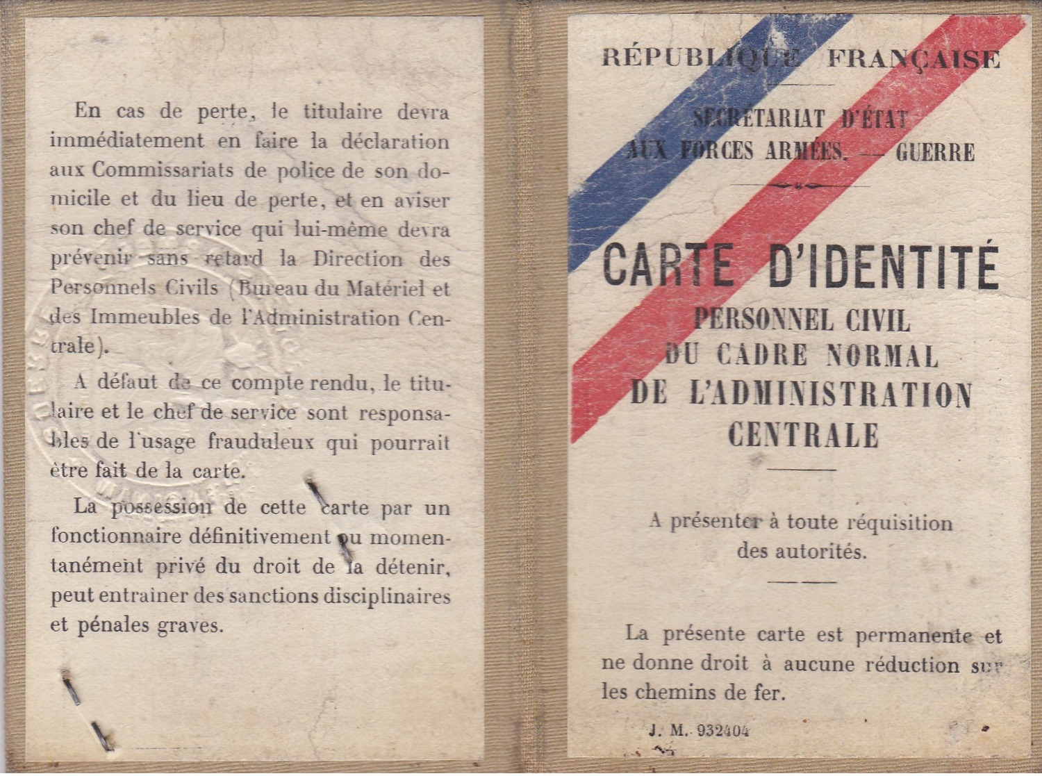 Carte D'identité Personnel Civil Du Cadre Normal DE L'ADMINISTRATION CENTRALE  (lot 110) - Documents Historiques