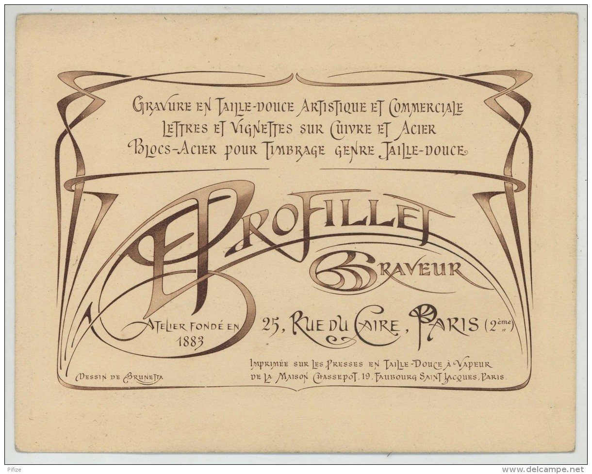 Carte Publicitaire Du Graveur E. Profillet , 25 Rue Du Caire à Paris . Dessin Art Nouveau De Brunetta . Léger Relief . - Advertising