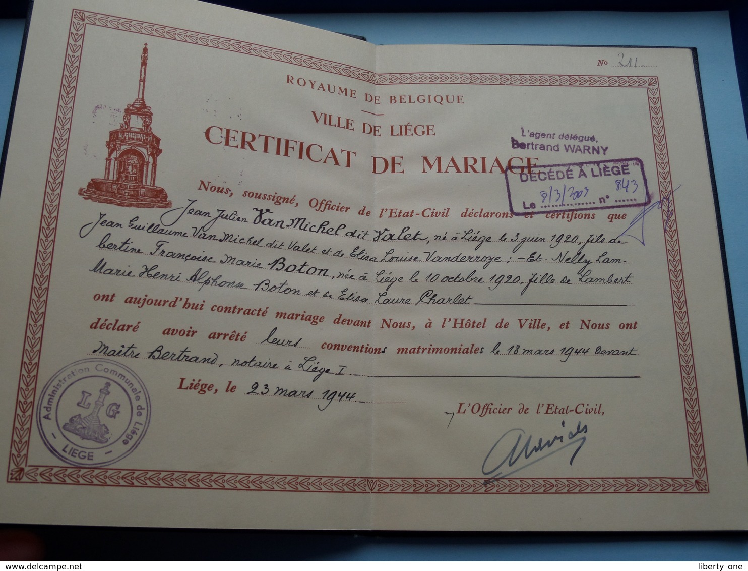 Carnet De MARIAGE Ville De Liège Anno 1944 ( Van MICHEL Dit Valet 1920 Et BOTON 1920 ) ( Liège) - Non Classés