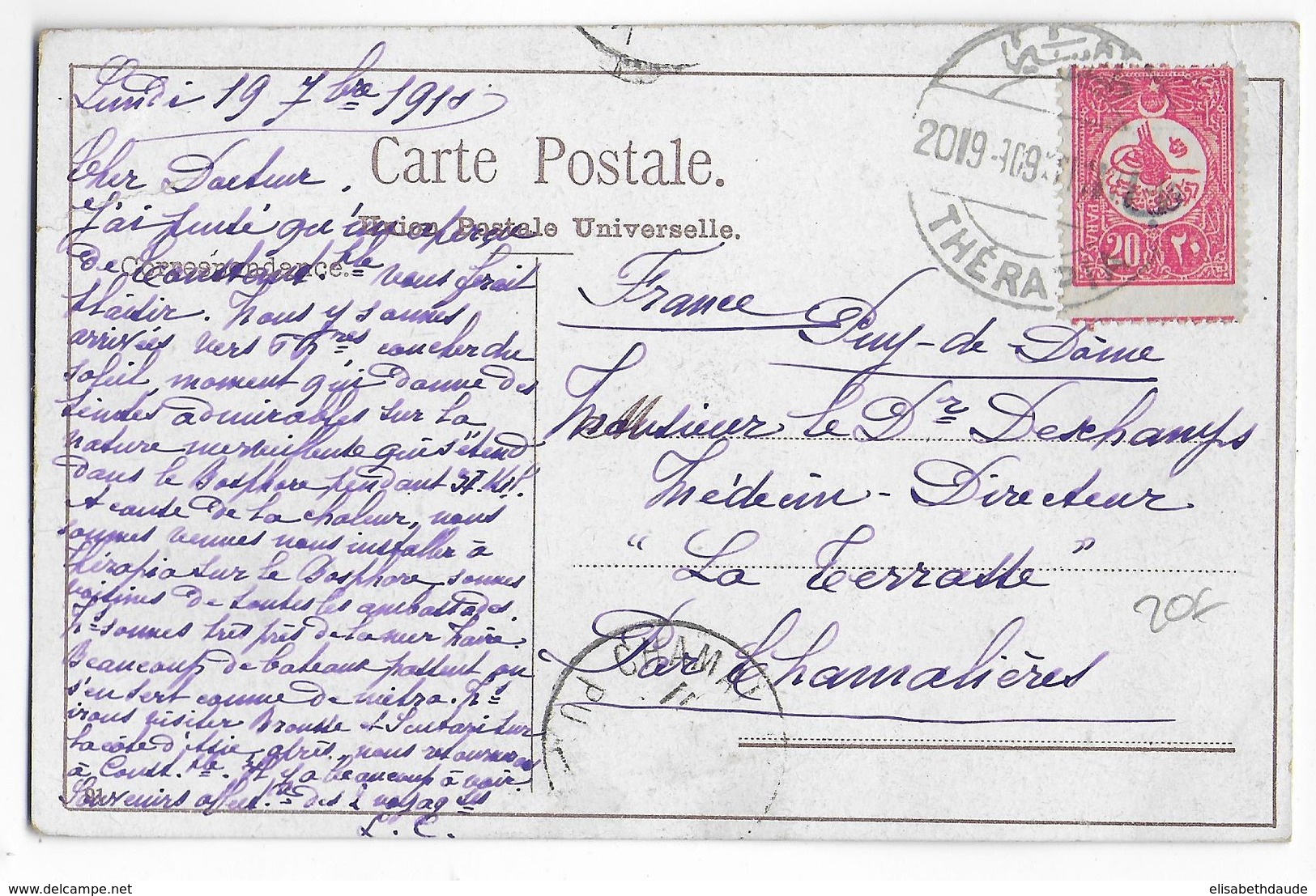 TURQUIE - 1909 - CARTE De THERAPIA => CHAMALIERES - Storia Postale