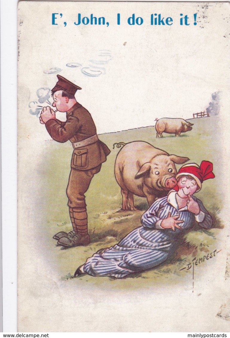 AM39 WW1 Era Comic Postcard By D. Tempest - Soldier, Girl Friend And Pig - Humour