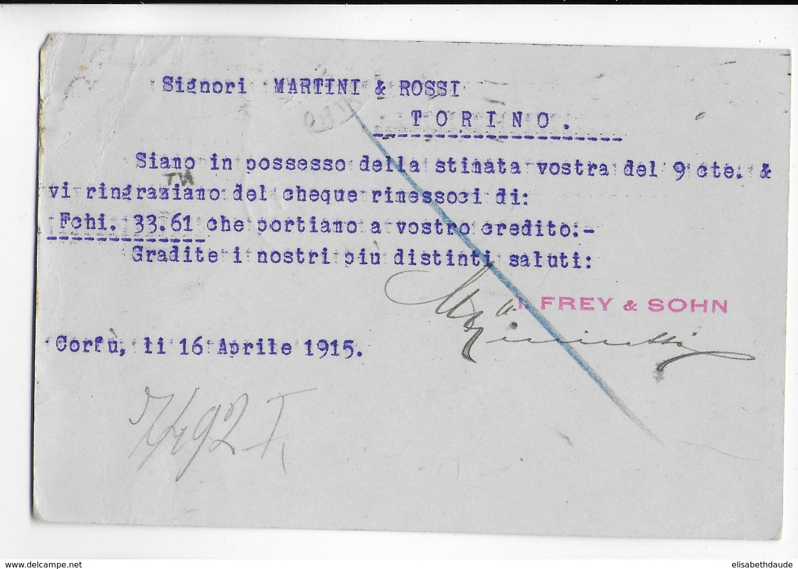 GRECE - 1915 - CARTE De CORFOU => TORINO (ITALIA) - Postal Stationery