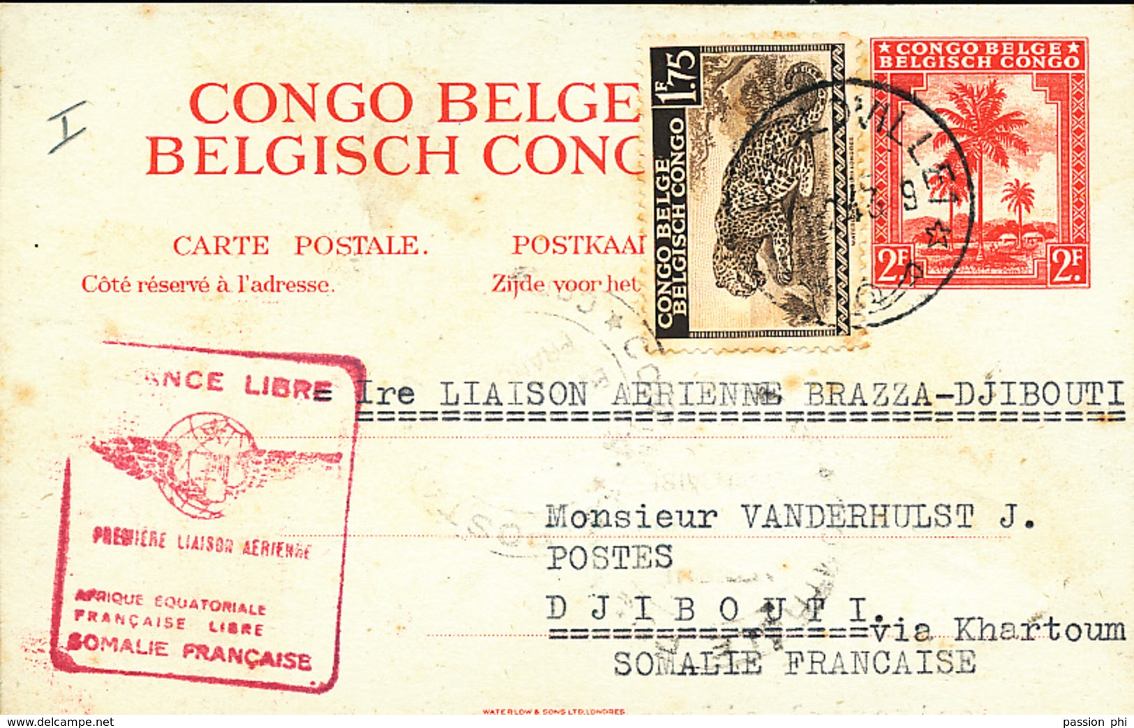 BELGIAN CONGO PS STIBBE 75 FIRST FLIGHT FROM LEO. 27.02.43 TO DJIBOUTI - Lettres & Documents