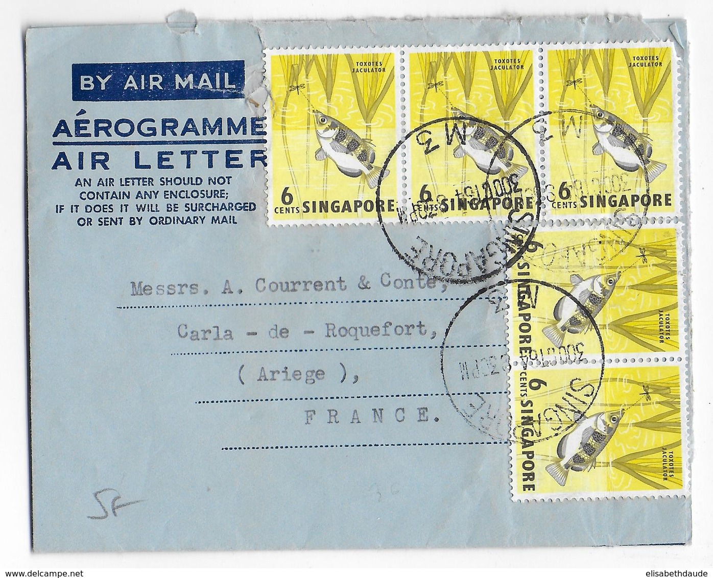 SINGAPORE - 1964 - LETTRE AEROGRAMME => CARTA DE ROQUEFORT (ARIEGE) - Singapour (1959-...)