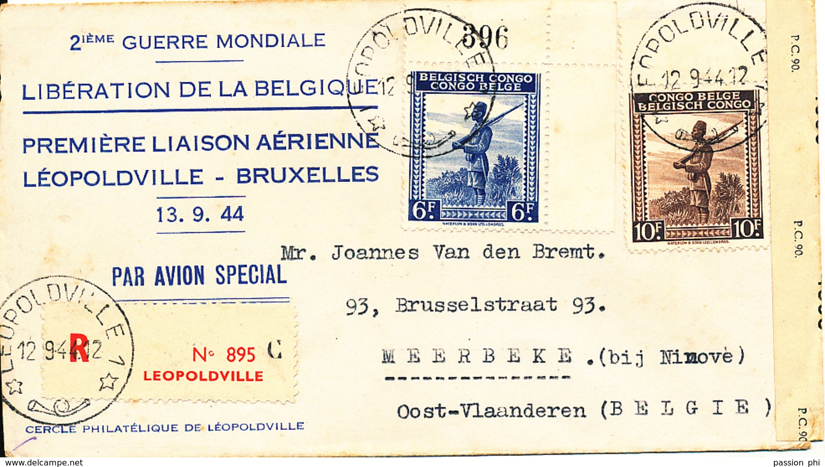 BELGIAN CONGO AIR COVER REGISTERED FROM LEO. 12.09.44 TO MEERBEKE - Lettres & Documents