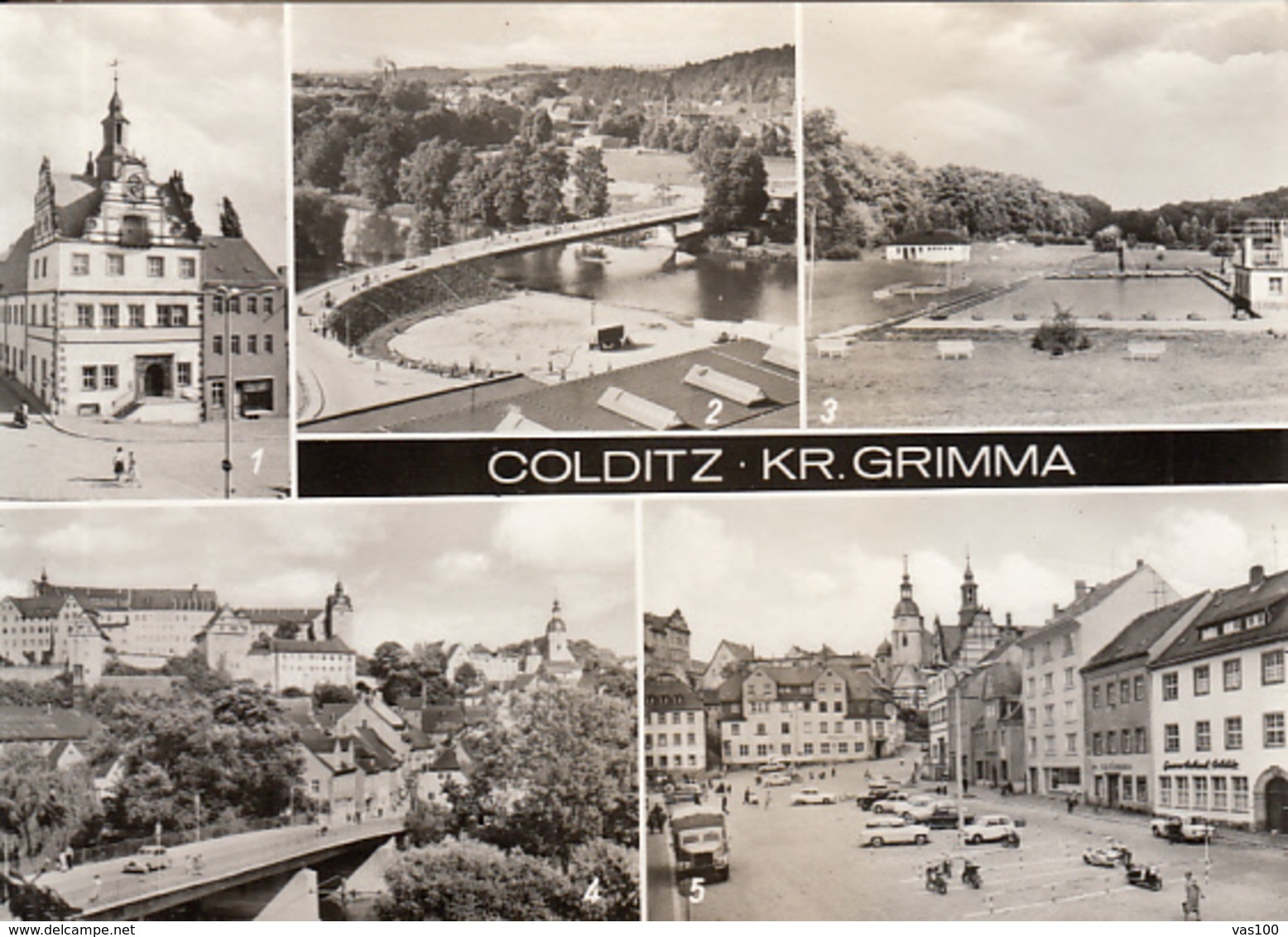 80910- COLDITZ- TOWN HALL, BRIDGE, SWIMMING POOL, CASTLE, MARKET SQUARE, BUSS, CAR - Colditz