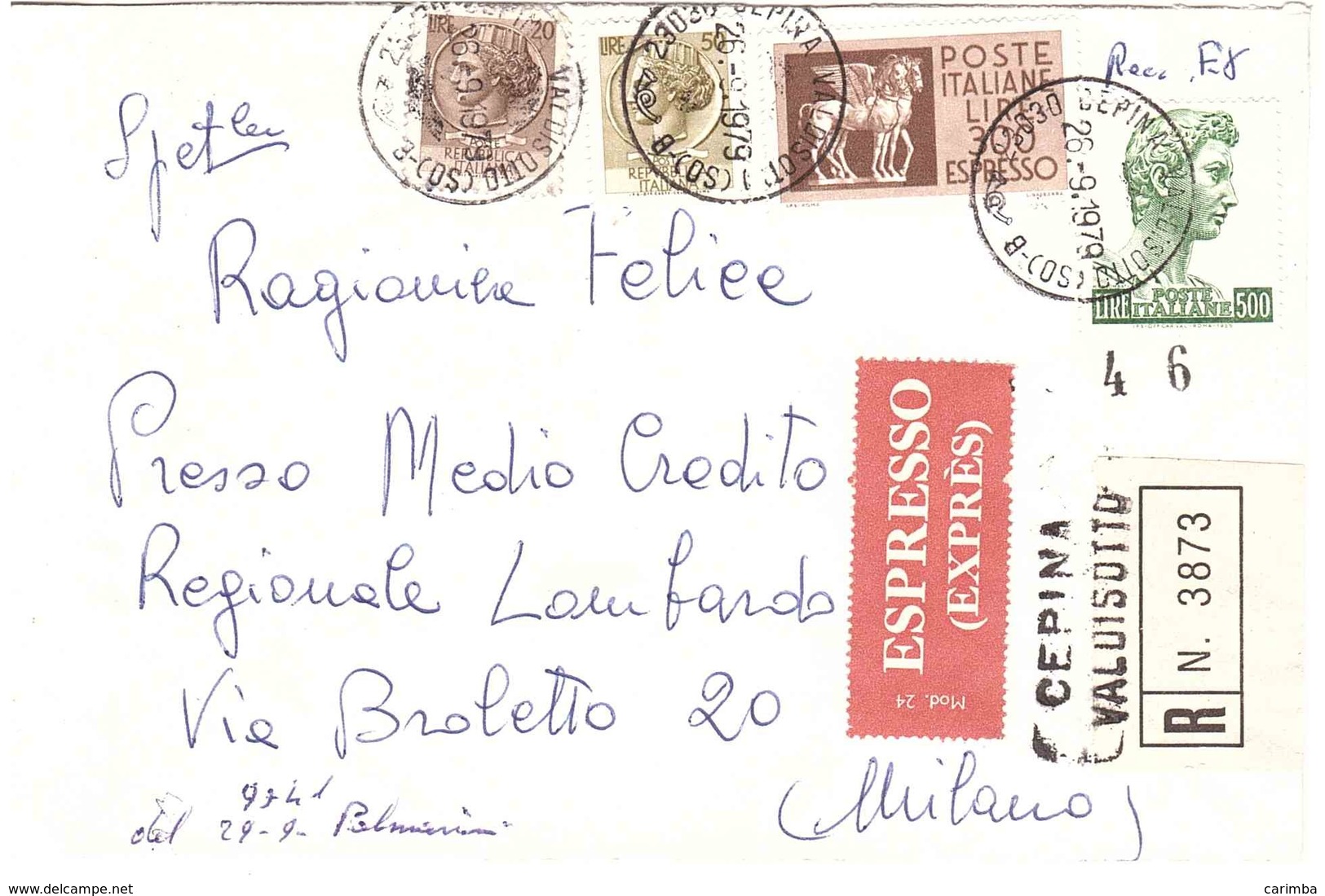 RACCOMANDATA ESPRESSO ANNULLO CEPINA VALDISOTTO SO - 1971-80: Storia Postale