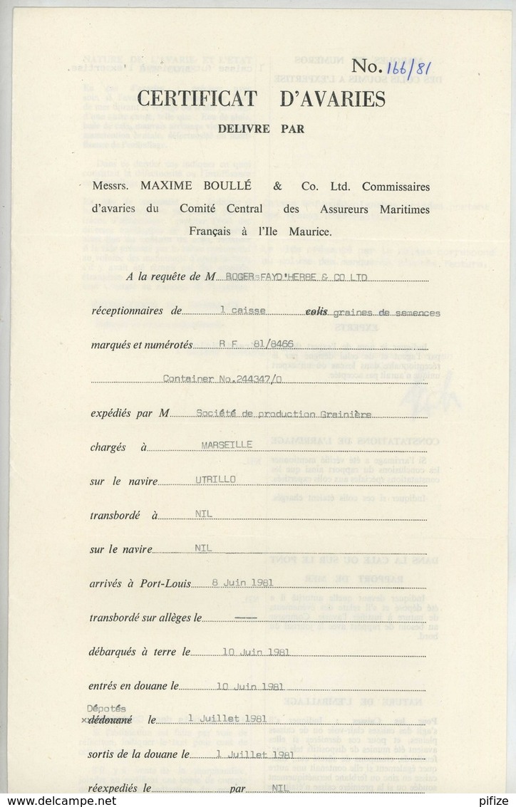 (Maurice) Mauritius. Timbres Postaux Utilisés Comme Fiscaux Sur Certificat D'avaries 1981. Bateau "Utrillo" . - Maurice (1968-...)