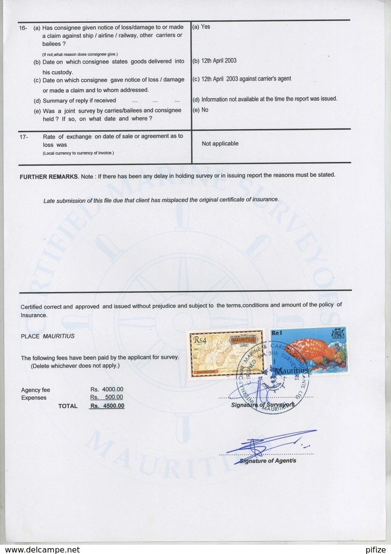 (Maurice) Mauritius. Timbres Postaux Utilisés Comme Fiscaux Sur Page De Certificat D'avaries 2003 . - Maurice (1968-...)