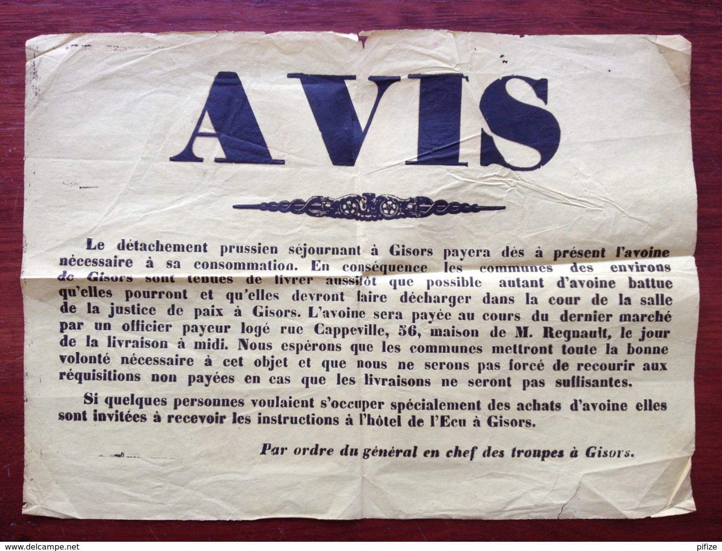 Guerre 1870-71 . Affiche Par Ordre Du Général En Chef Des Troupes à Gisors . Les Prussiens Paieront Désormais L'avoine . - Documents