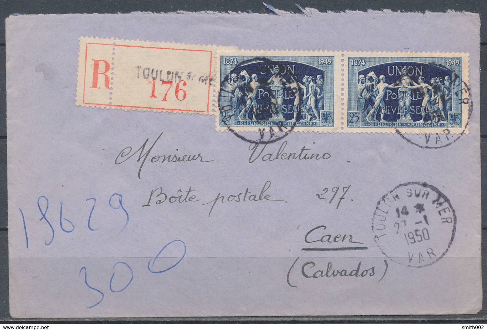 FRANCE - 27.1.1950, Reco Cover From TOULON SUR MER (Var) To CAEN (Calvados) - 1921-1960: Modern Period