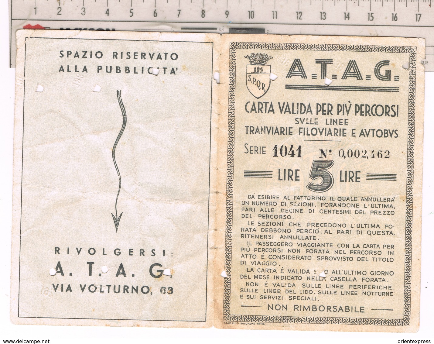 Tessera Trasporto Urbano ATAG Roma  Valida Per Più Percorsi Linee Tramviarie Filoviarie E Bus 1943 - Europa