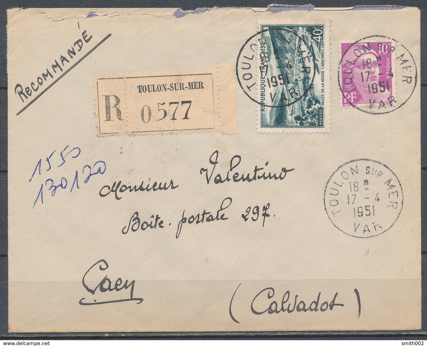 FRANCE - 17.4.1951, Reco Cover From TOULON SUR MER (Var) To CAEN (Calvados) - 1921-1960: Modern Period