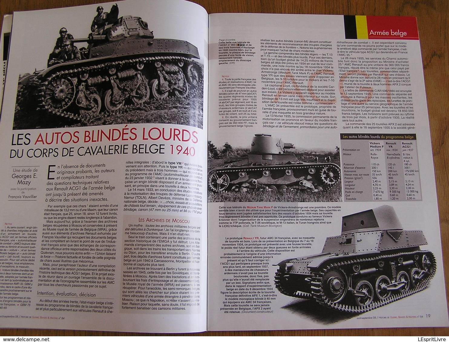 GBM Guerre Blindés Matériel N° 84 Guerre 40 45 Mai 1940 Armée Belge Char ACG1 Laffly 14 18 De Dion Bouton 2 GRDI Crécy