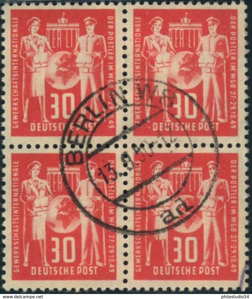 1949, 30 Pfg. Postgewerkschaft In Fast Zentrisch Gestempelten (BERLIN W 8) Viererblock - Gebruikt
