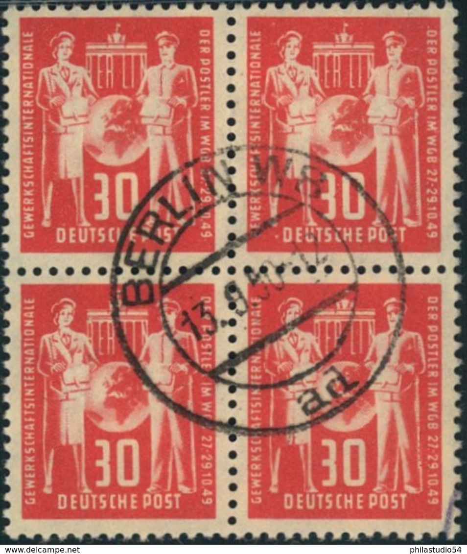 1949, 30 Pfg. Postgewerkschaft In Fast Zentrisch Gestempelten (BERLIN W 8) Viererblock - Gebraucht