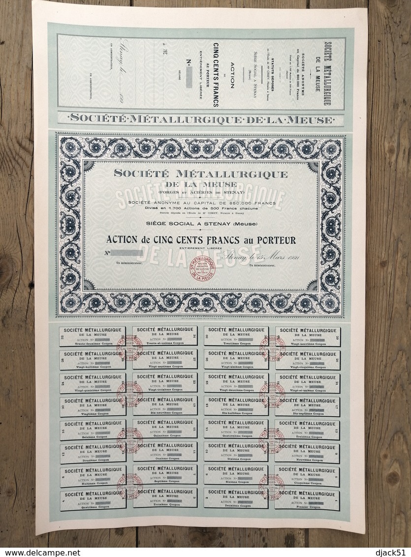 Action De CINQ CENTS FRANCS De La Société Métallurgique De La Meuse (STENAY) De 1921 - Industrie