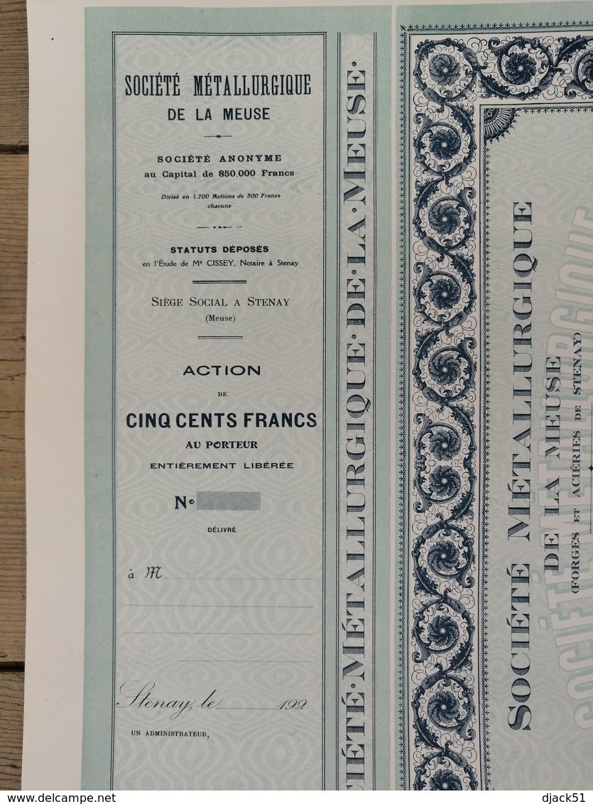 Action De CINQ CENTS FRANCS De La Société Métallurgique De La Meuse (STENAY) De 1921 - Industrie