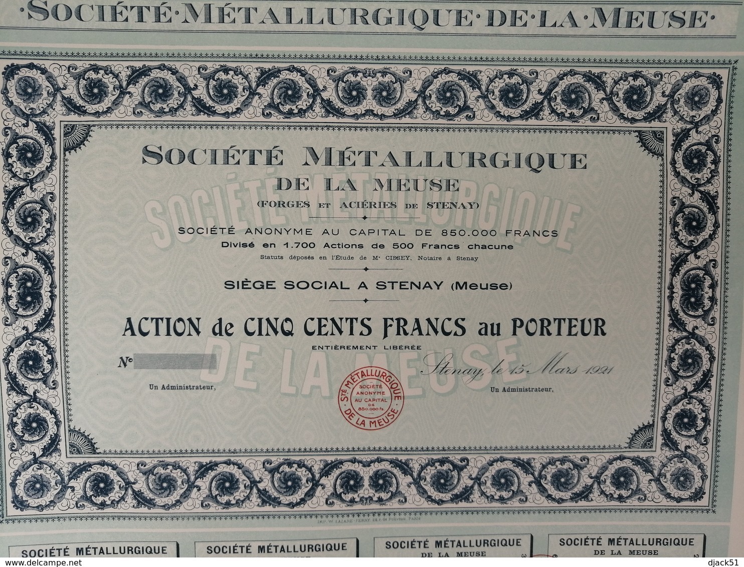 Action De CINQ CENTS FRANCS De La Société Métallurgique De La Meuse (STENAY) De 1921 - Industry