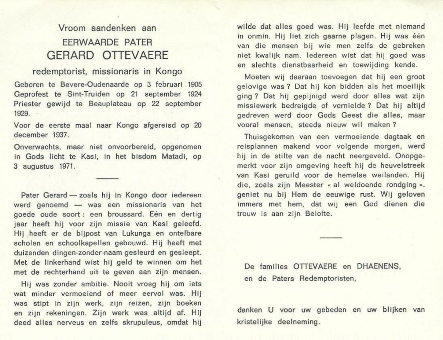 Doodsprentje Van Gerard OTTEVAERE- Redemptorist-  °OUDENAARDE-BEVERE  1905- * MATADI (Kongo) 1971 - Religion & Esotérisme