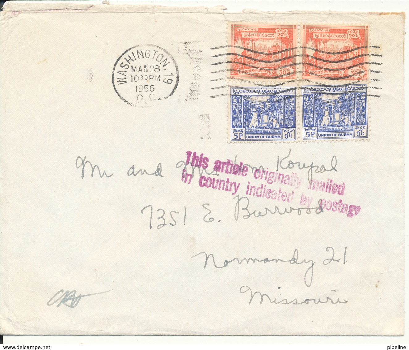 Burma Cover Sent To USA Postmarked Washington 28-3-1956 (see Scans For The Quality Of The Cover) - Myanmar (Burma 1948-...)