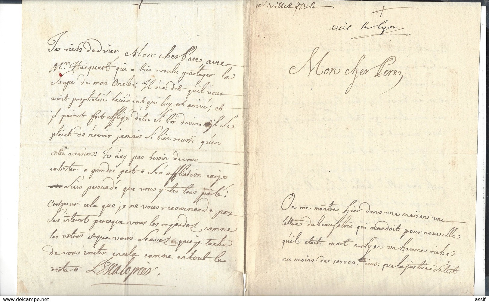 Lyon Papiers Et Lettres  Charrier  Succession Boëtier ( Lettre à Lescalopier Intendant De Champagne Linéaire Lyon 1726 - Ohne Zuordnung
