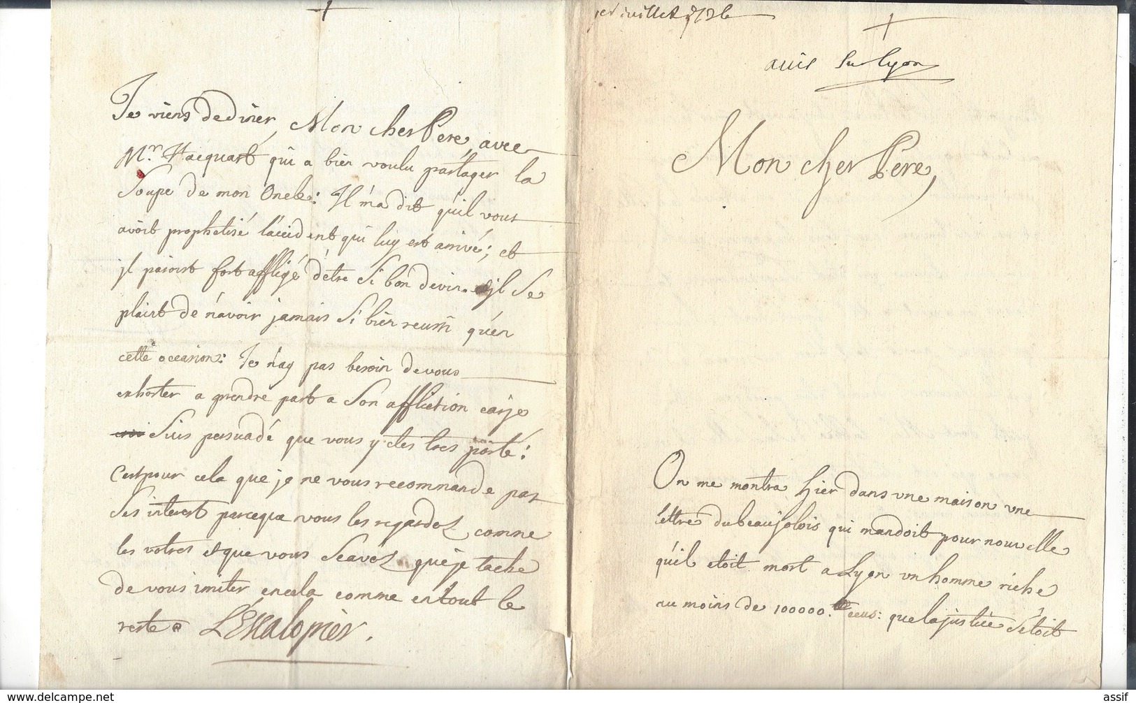 Lyon Papiers Et Lettres  Charrier  Succession Boëtier ( Lettre à Lescalopier Intendant De Champagne Linéaire Lyon 1726 - Non Classificati