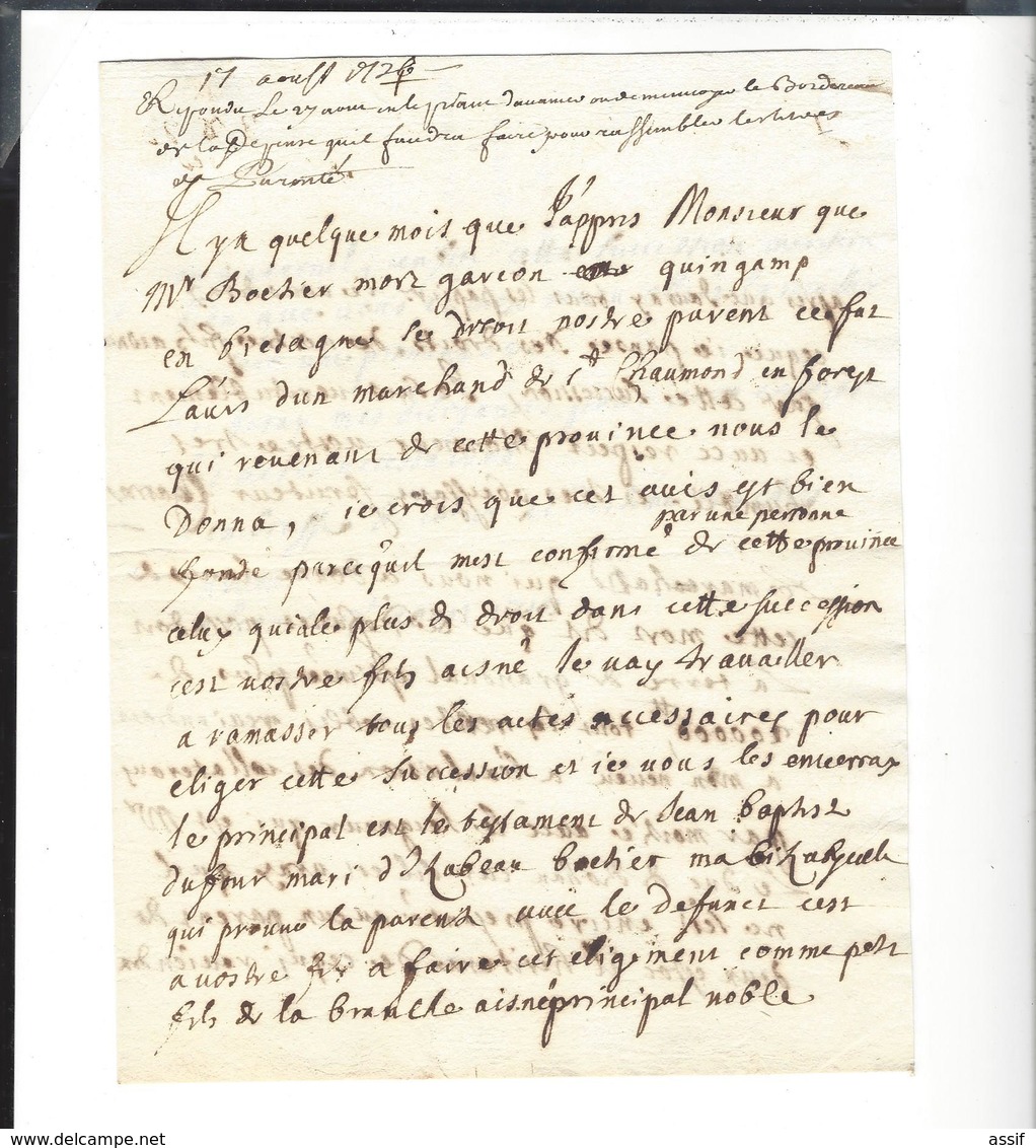 Lyon Papiers et lettres  Charrier  succession Boëtier ( lettre à Lescalopier Intendant de Champagne linéaire Lyon 1726