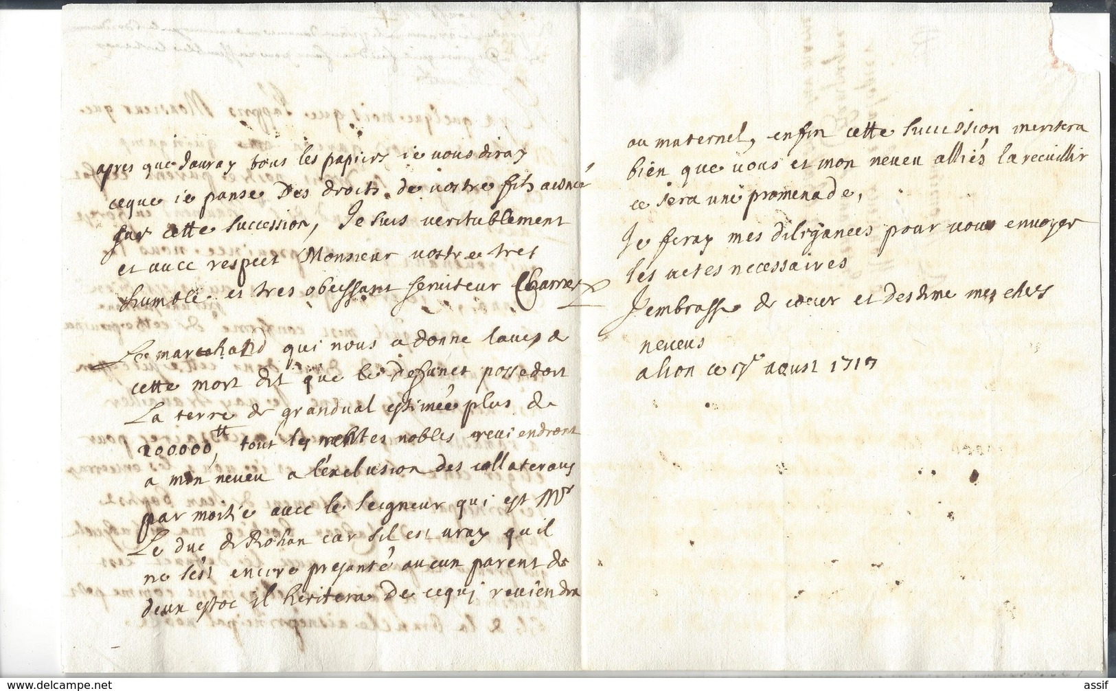 Lyon Papiers et lettres  Charrier  succession Boëtier ( lettre à Lescalopier Intendant de Champagne linéaire Lyon 1726