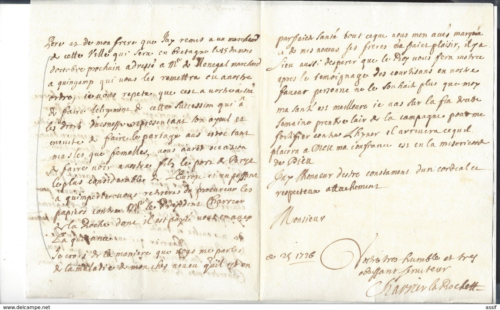 Lyon Papiers et lettres  Charrier  succession Boëtier ( lettre à Lescalopier Intendant de Champagne linéaire Lyon 1726