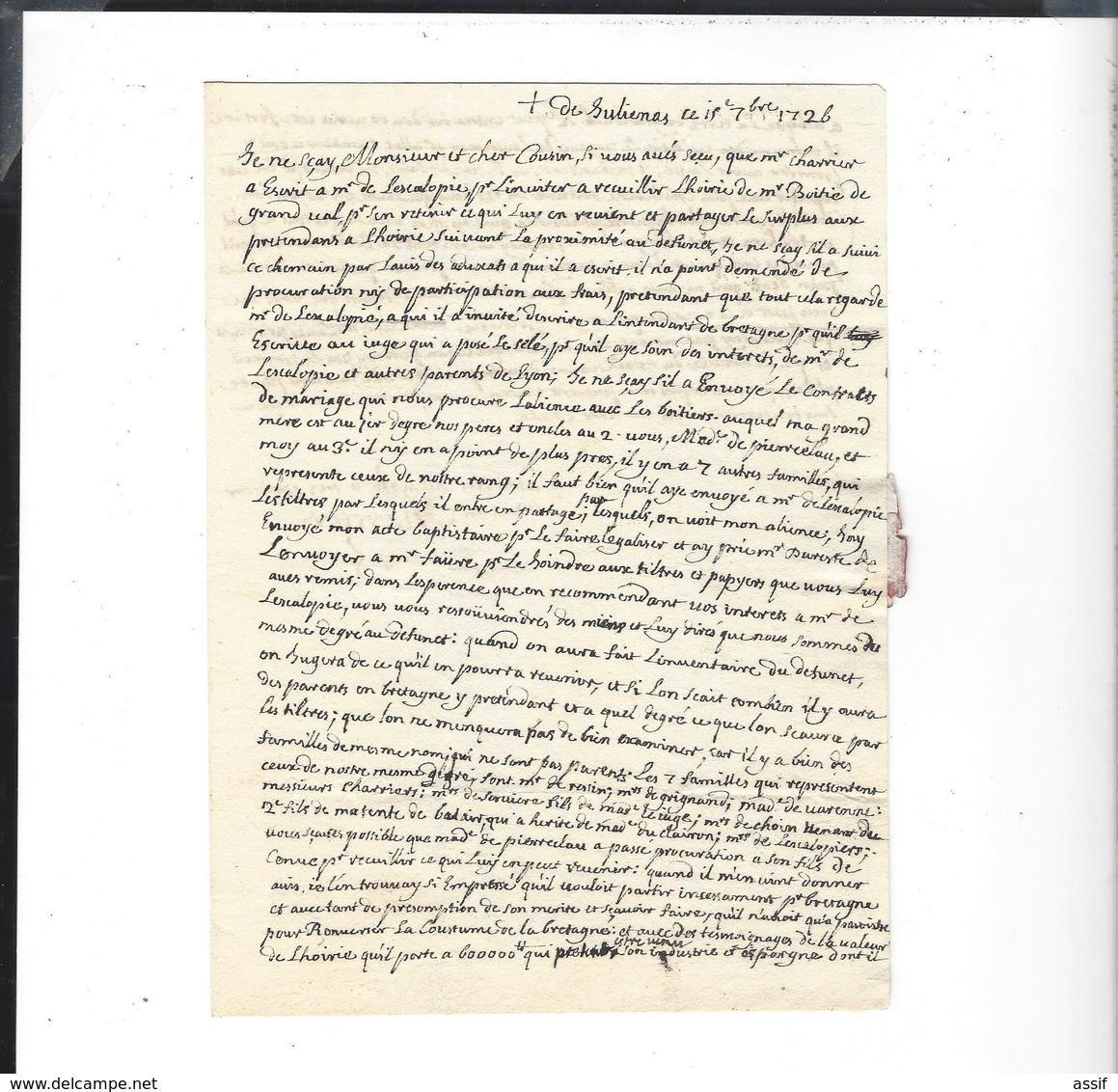 Lyon Papiers et lettres  Charrier  succession Boëtier ( lettre à Lescalopier Intendant de Champagne linéaire Lyon 1726