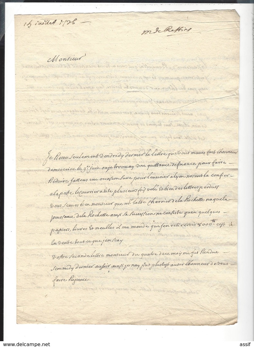 Lyon Papiers et lettres  Charrier  succession Boëtier ( lettre à Lescalopier Intendant de Champagne linéaire Lyon 1726