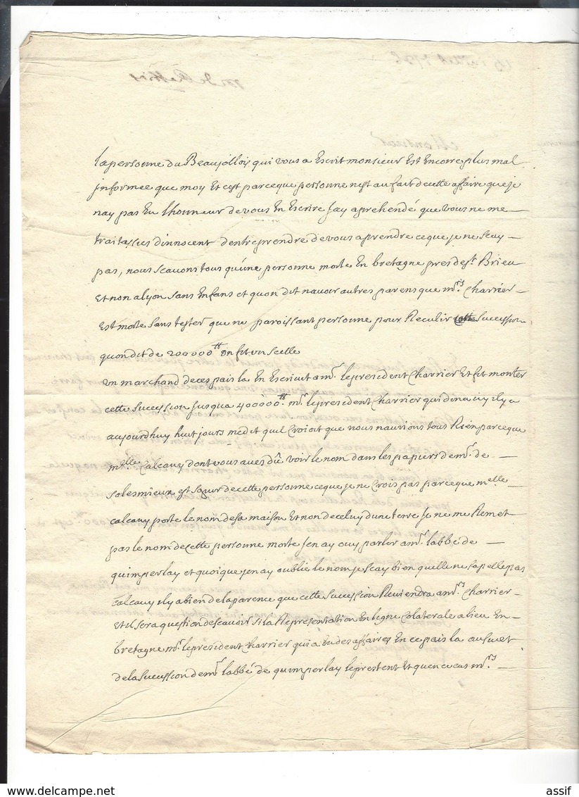 Lyon Papiers et lettres  Charrier  succession Boëtier ( lettre à Lescalopier Intendant de Champagne linéaire Lyon 1726