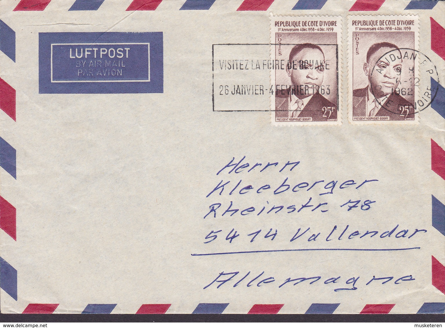 Ivory Coast Luftpost Flamme 'Visitez La Foire De Bouake' ABIDJAN 1962 Cover Lettre VALLENDAR Germany 2x Houphouet-Boigny - Côte D'Ivoire (1960-...)