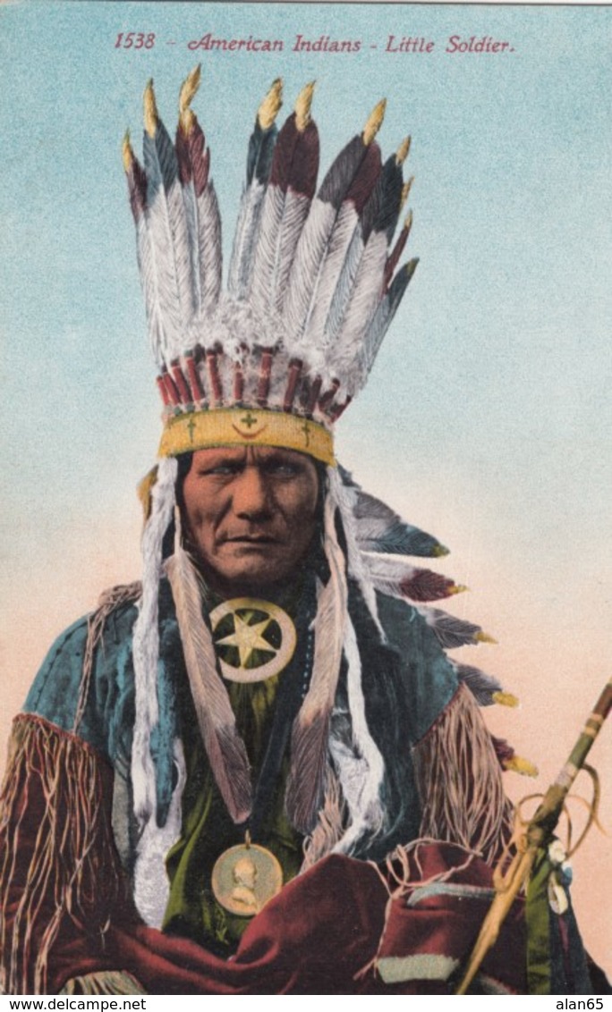 'Little Soldier' Chief, Native American Indian Fashion C1900s/10s Vintage Postcard - Native Americans