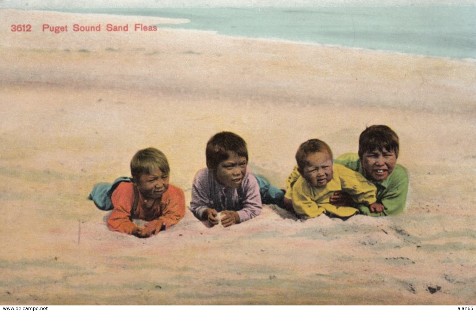 'Puget Sound Sand Fleas', Native American Indian Children At Beach, Racist Caption, C1900s Vintage Postcard - Native Americans