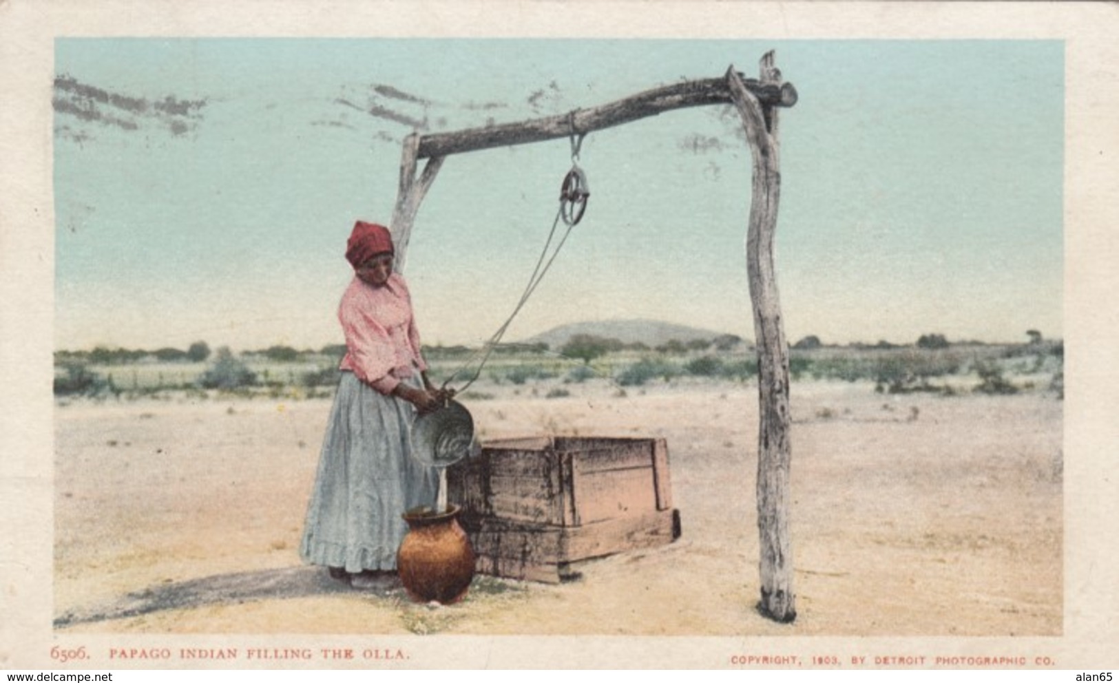 'Papago Indian Filling The Olla', Native American Indian Woman Gathers Water, C1900s Vintage Postcard - Native Americans